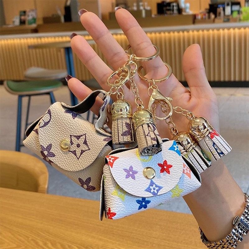 Brown Cute Mini PU Leather Coin Pouch with Tassel Keychain - Printed Pattern view 4