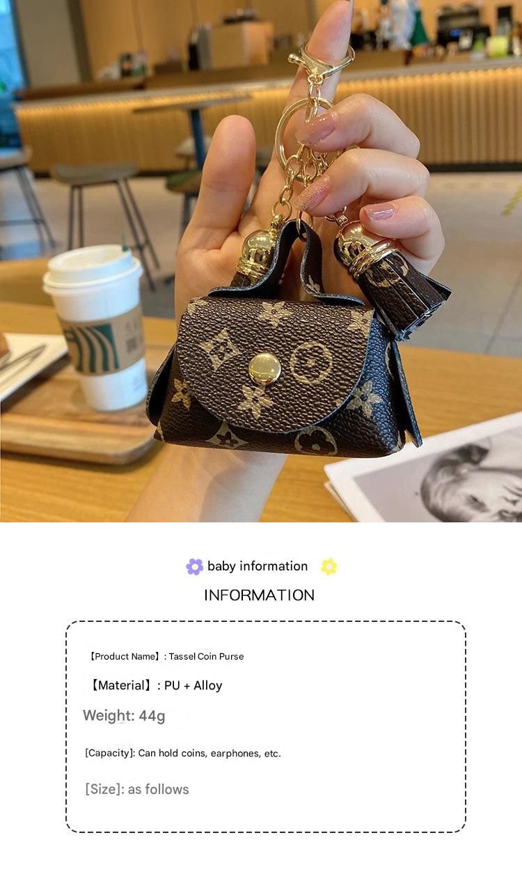 White Cute Mini PU Leather Coin Pouch with Tassel Keychain - Printed Pattern view 2