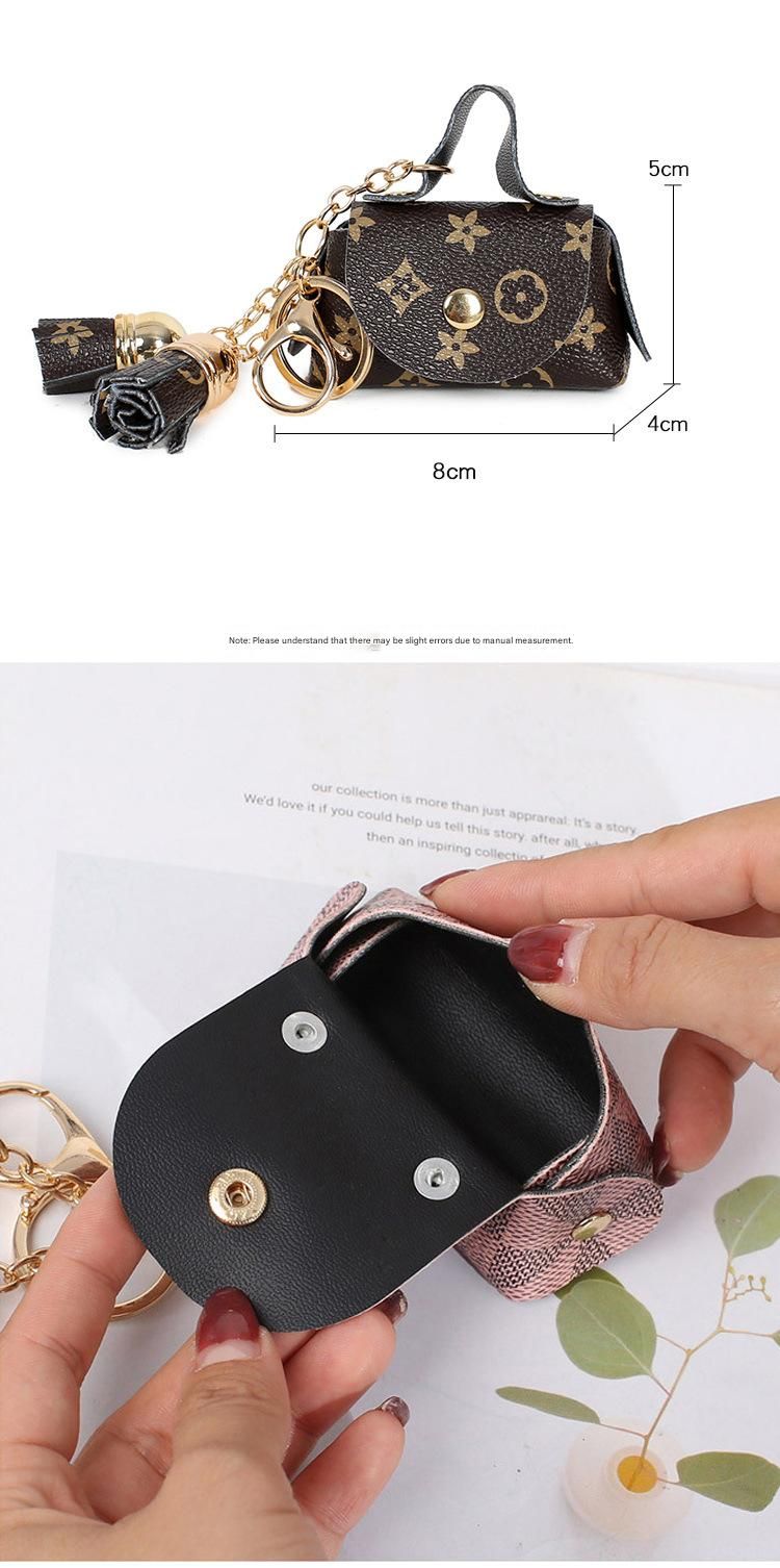 White Cute Mini PU Leather Coin Pouch with Tassel Keychain - Printed Pattern view 3