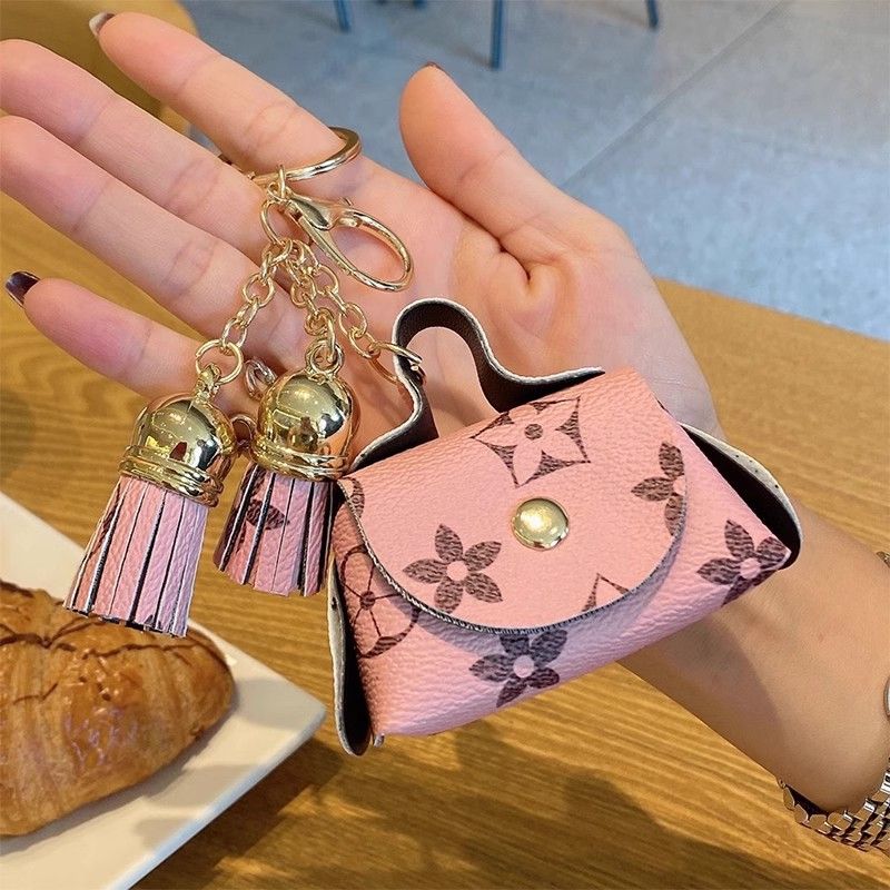 Red Cute Mini PU Leather Coin Pouch with Tassel Keychain - Printed Pattern view 5