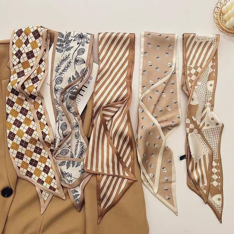 2-piece Coffee Geometric and Stripes French Style Long Silk Scarf - Coffee view 4