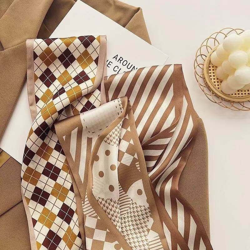 2-piece Coffee Geometric and Stripes French Style Long Silk Scarf - Coffee view 5