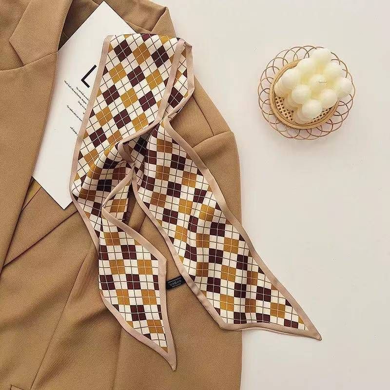 2-piece Coffee Geometric and Diamond Grid French Style Long Silk Scarf view 3