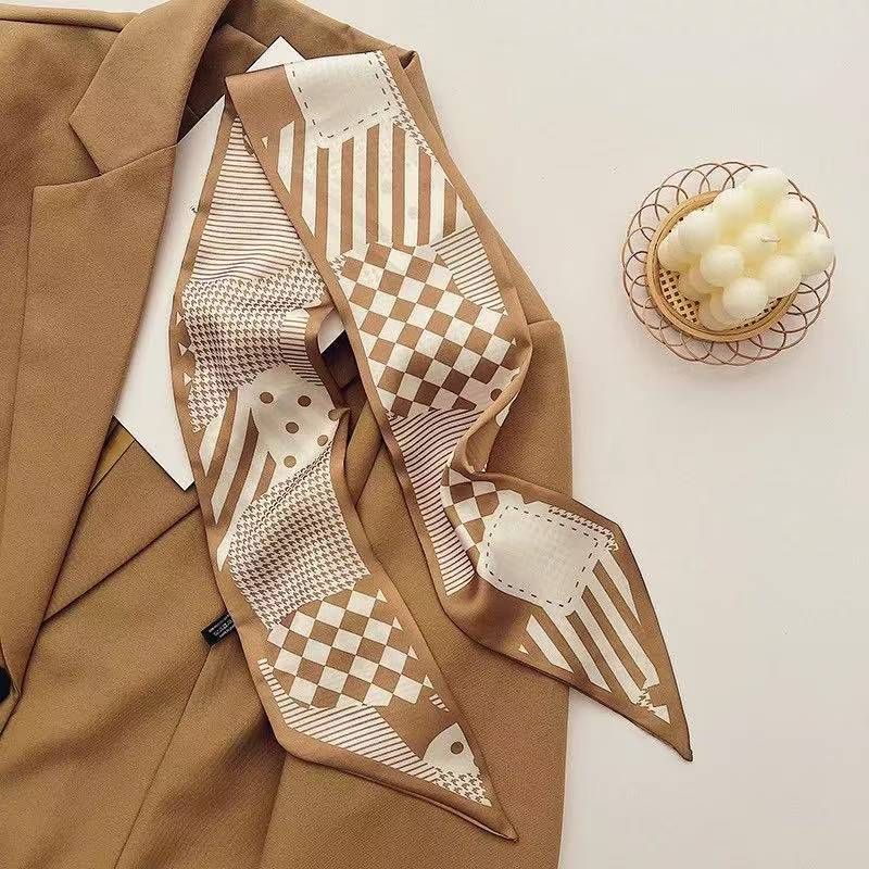 2-piece Coffee Geometry and Strawberry French Style Long Silk Scarf - Coffee view 2