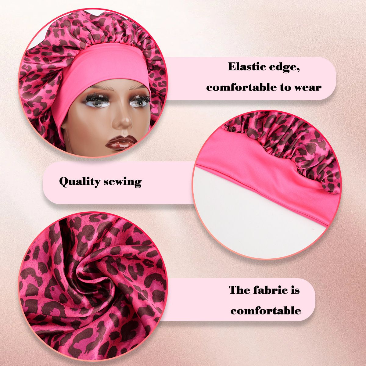 Capiricorn -Rose Red Leopard Print Satin Sleep Bonnet - Large Size Hair view 2