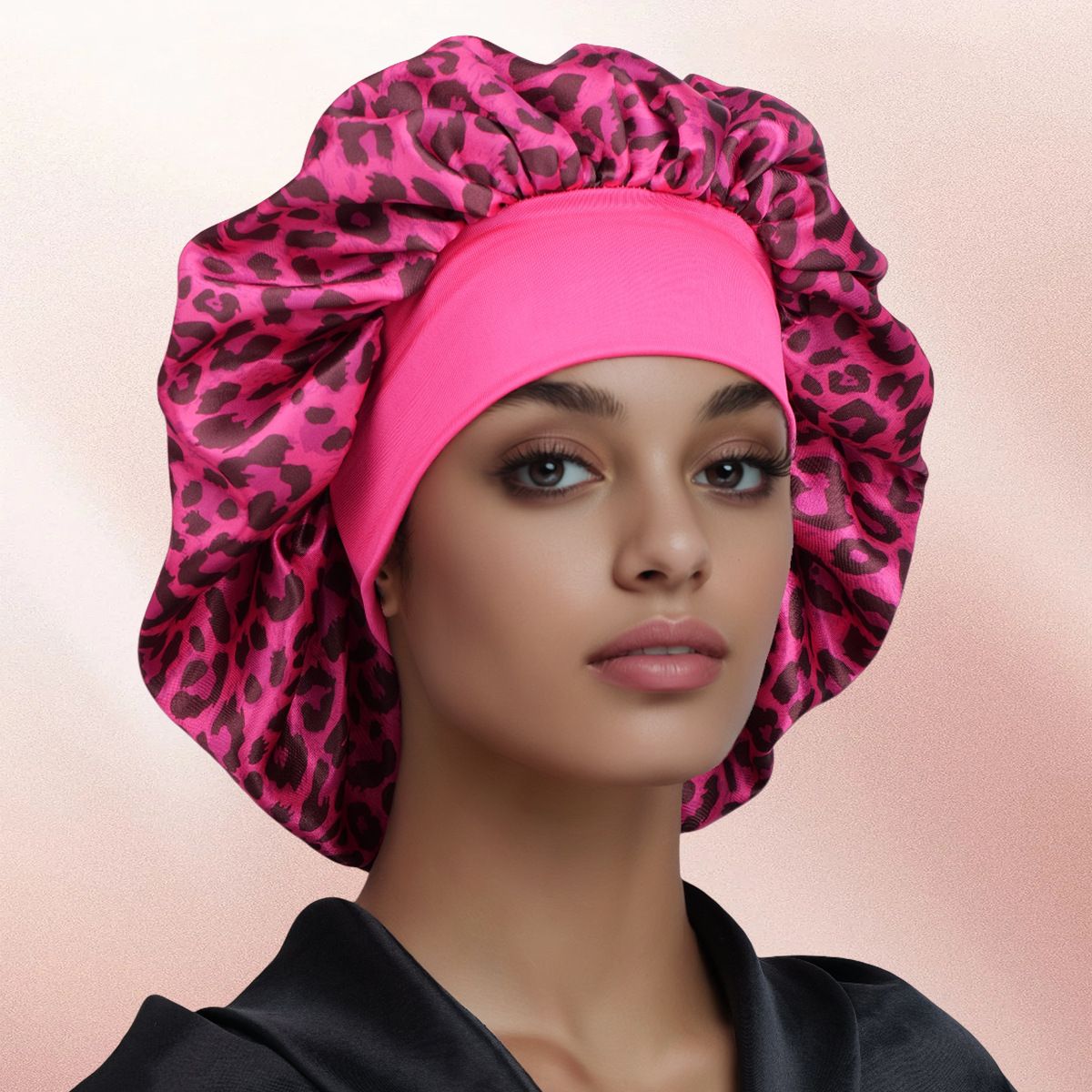 Capiricorn -Rose Red Leopard Print Satin Sleep Bonnet - Large Size Hair view 5