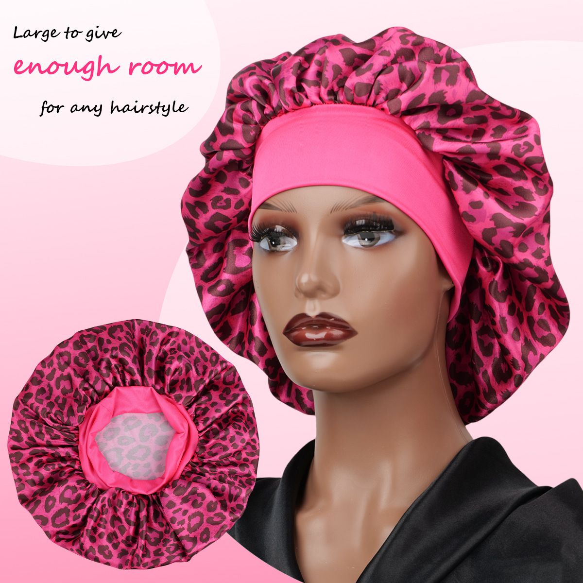 Gemini -Rose Red Leopard Print Satin Sleep Bonnet - Large Size Hair Protection view 3