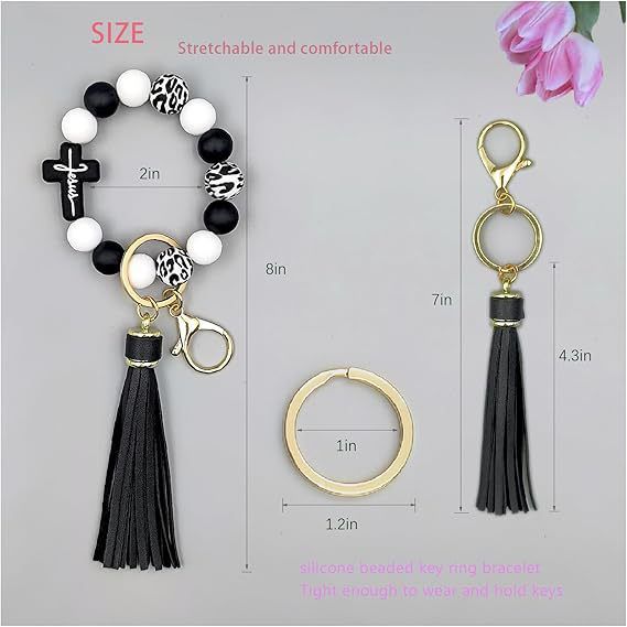 Black and Green Silicone Bead Keychain Bracelet with Cross Charm and Tassel view 4