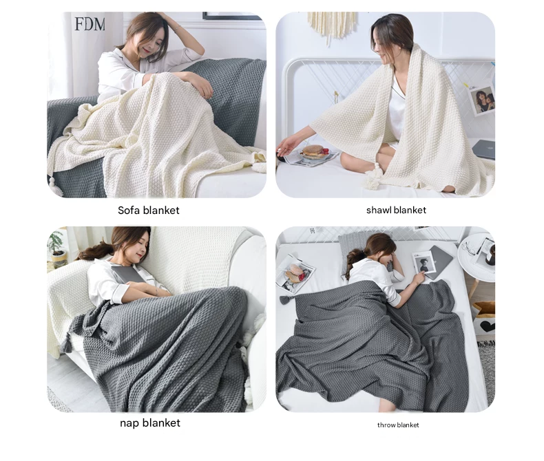 Khaki 150*200cm Nordic Style Tassel Knit Throw Blanket - Soft Polyester Sofa view 6