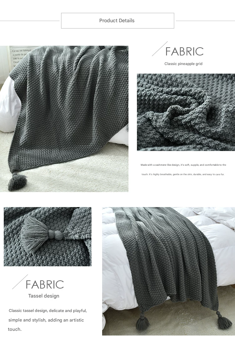Grey 110*150cm Nordic Style Tassel Knit Throw Blanket - Soft Polyester Sofa view 5