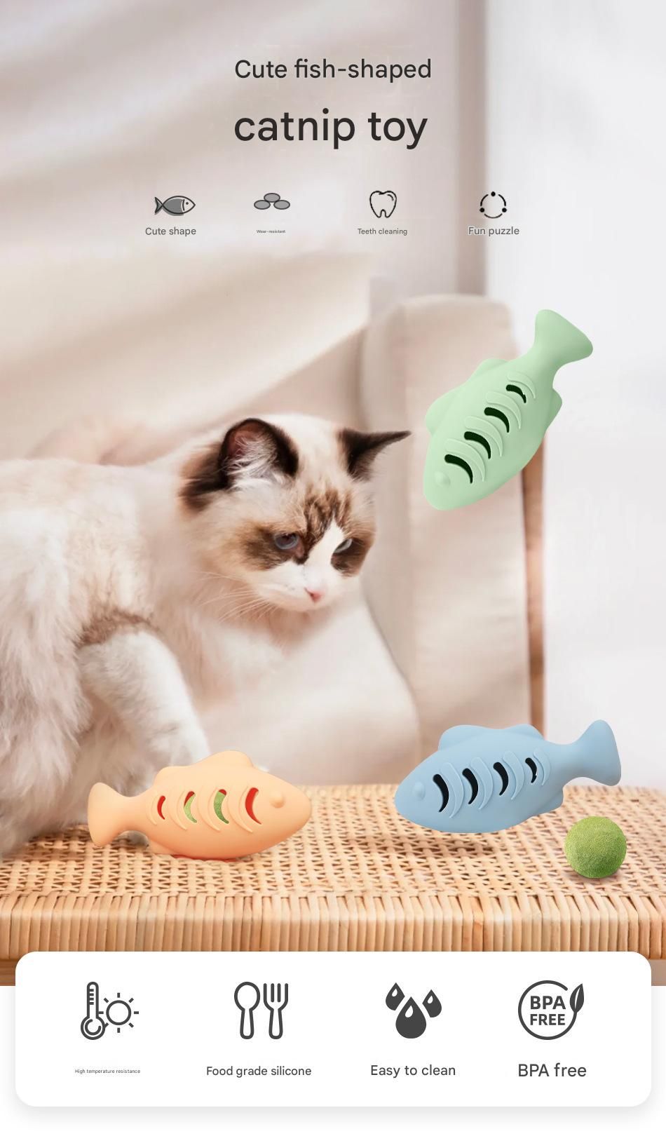 2-piece Cream-colored Fish-Shaped Silicone Cat Toy and Catnip– 3-in-1 view 2