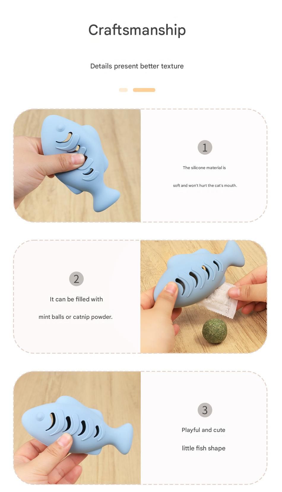 2-piece Cream-colored Fish-Shaped Silicone Cat Toy and Catnip– 3-in-1 view 10