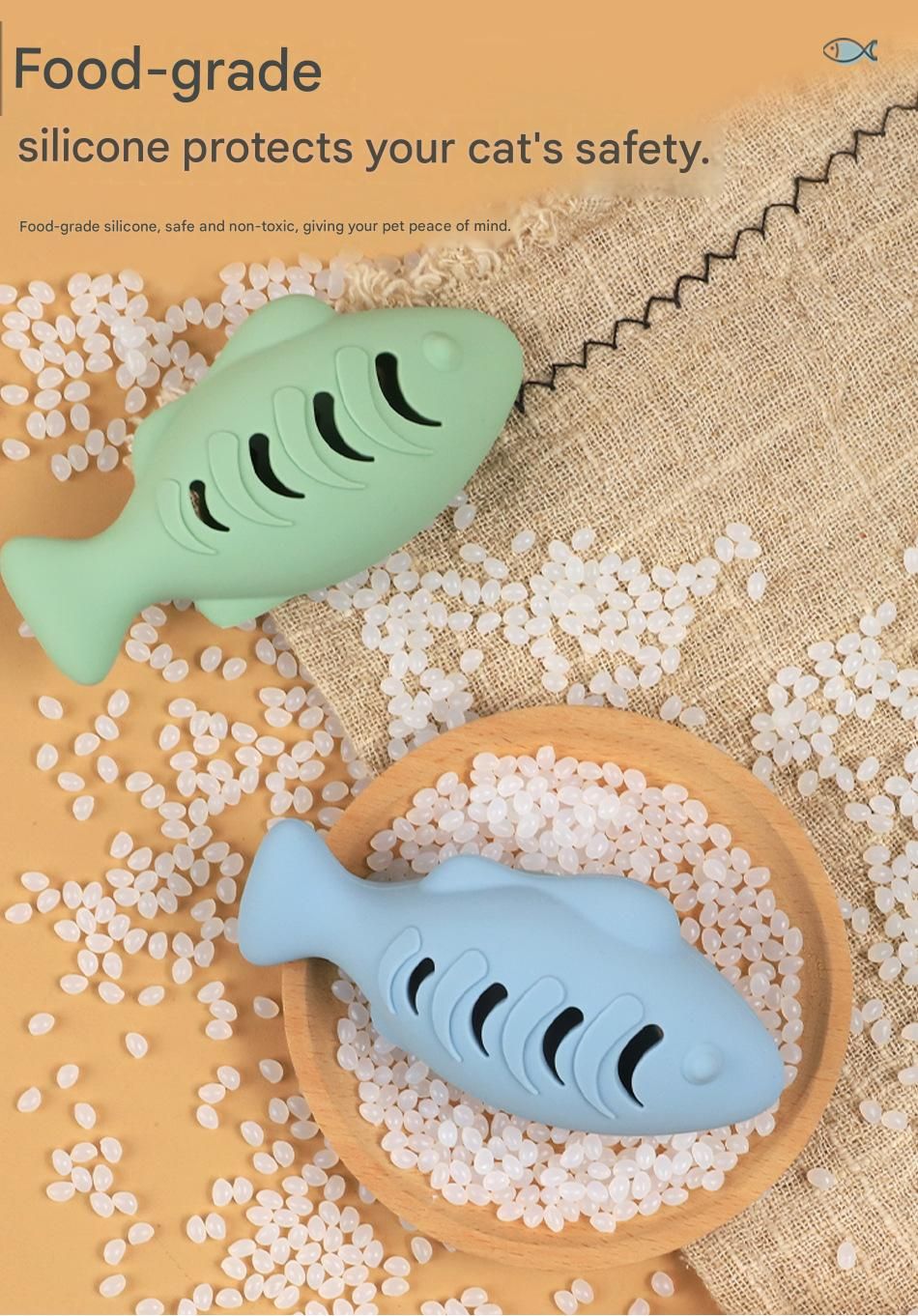 3-piece Blue and Green and Cream-colored Fish-Shaped Silicone Cat Toy and view 8
