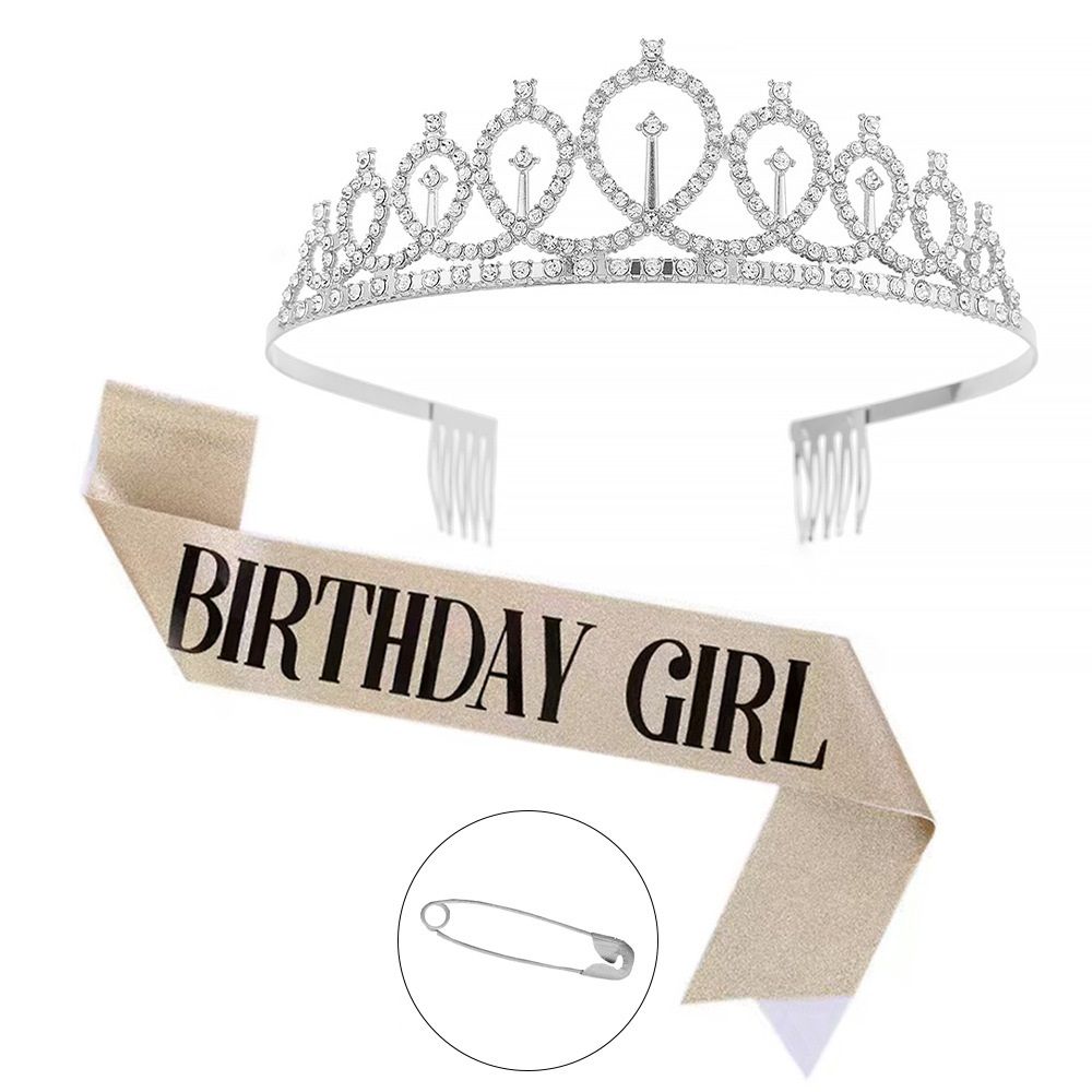 2-piece Silvery and Golden Birthday Girl Tiara and Sash Set - Elegant