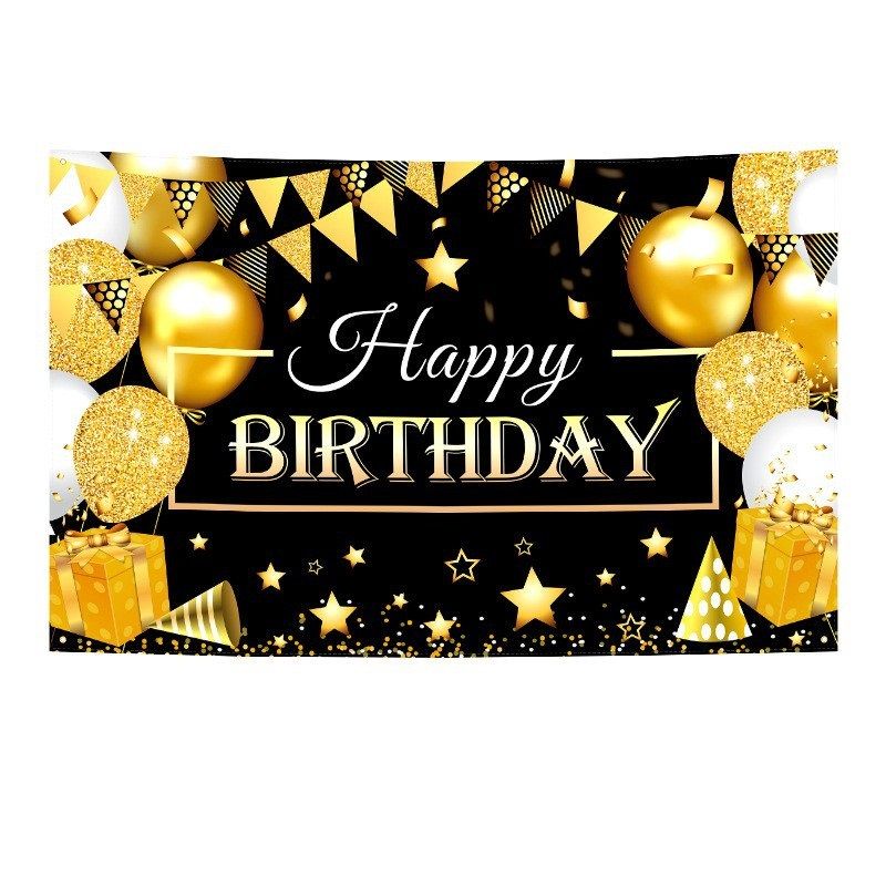 180*115cm Golden and Black Happy Birthday Banner - Glitter Party Backdrop &