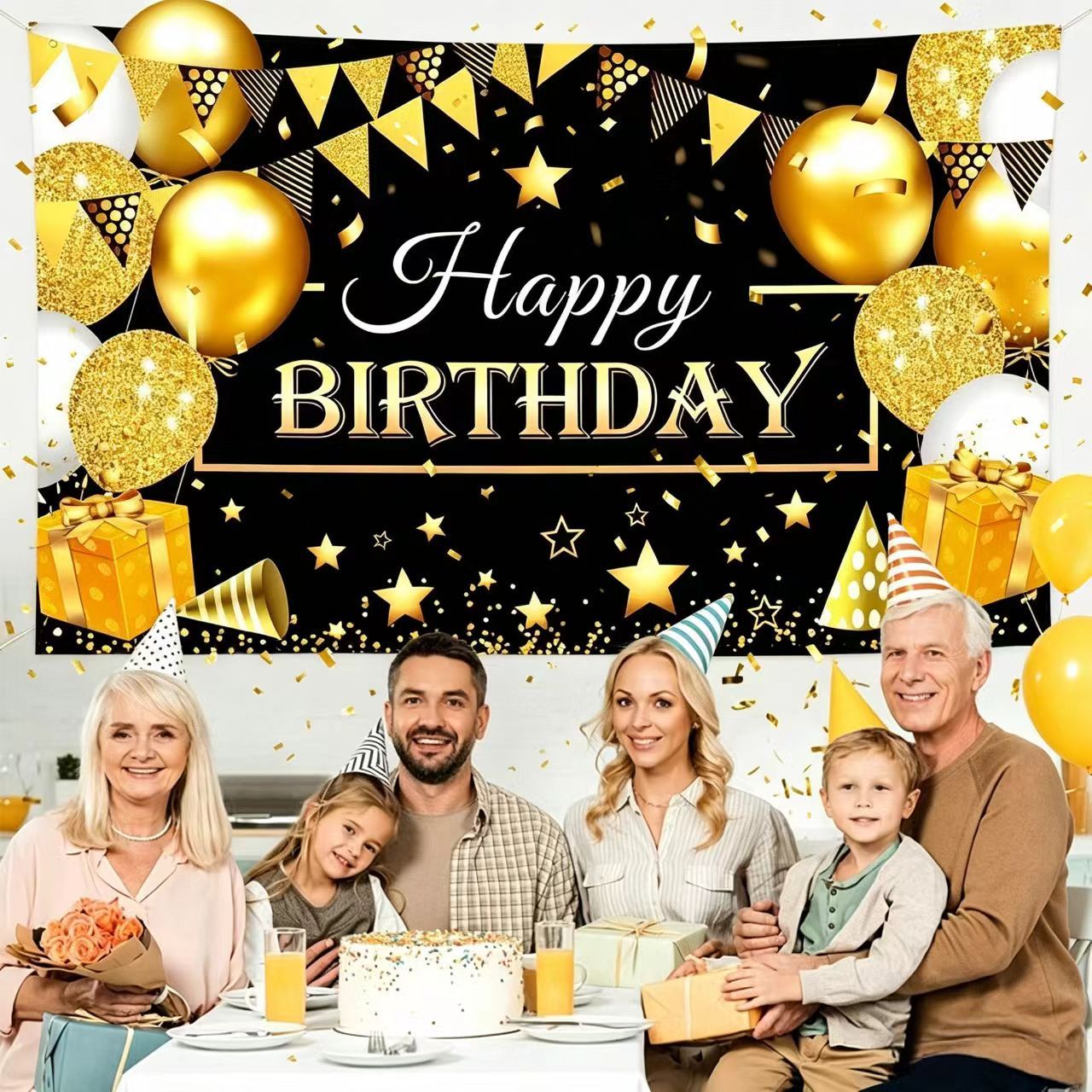 180*115cm Golden and Black Happy Birthday Banner - Glitter Party Backdrop & view 4