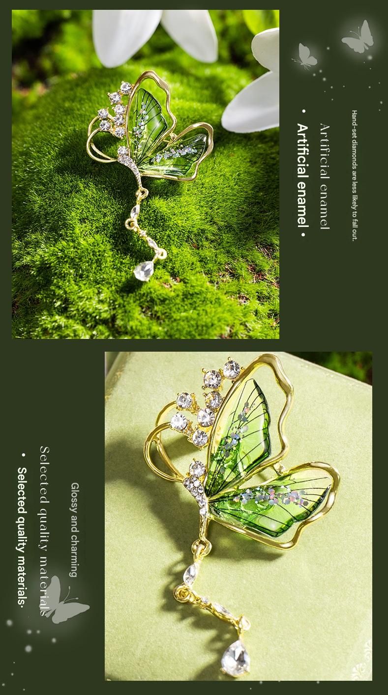 Green Butterfly Brooch - Green Enamel Crystal Tassel Pin - Elegant Alloy view 7