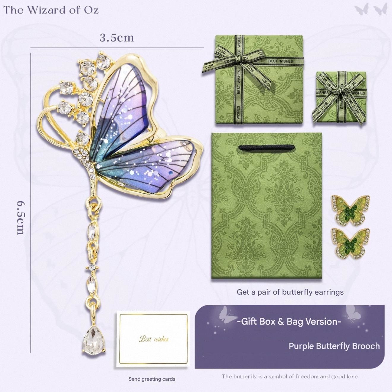 Purple Butterfly Brooch - Green Enamel Crystal Tassel Pin - Elegant Alloy — image 1