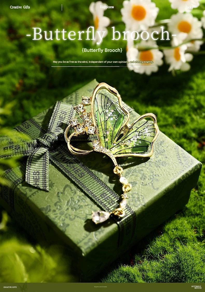 Purple Butterfly Brooch - Green Enamel Crystal Tassel Pin - Elegant Alloy view 2