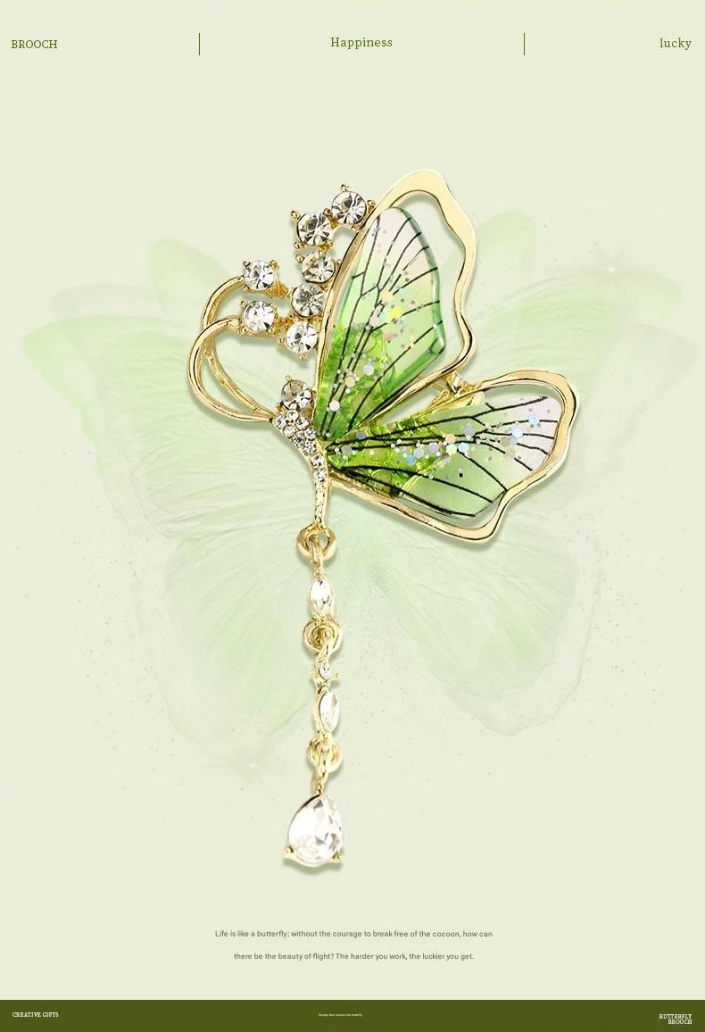 Purple Butterfly Brooch - Green Enamel Crystal Tassel Pin - Elegant Alloy view 5