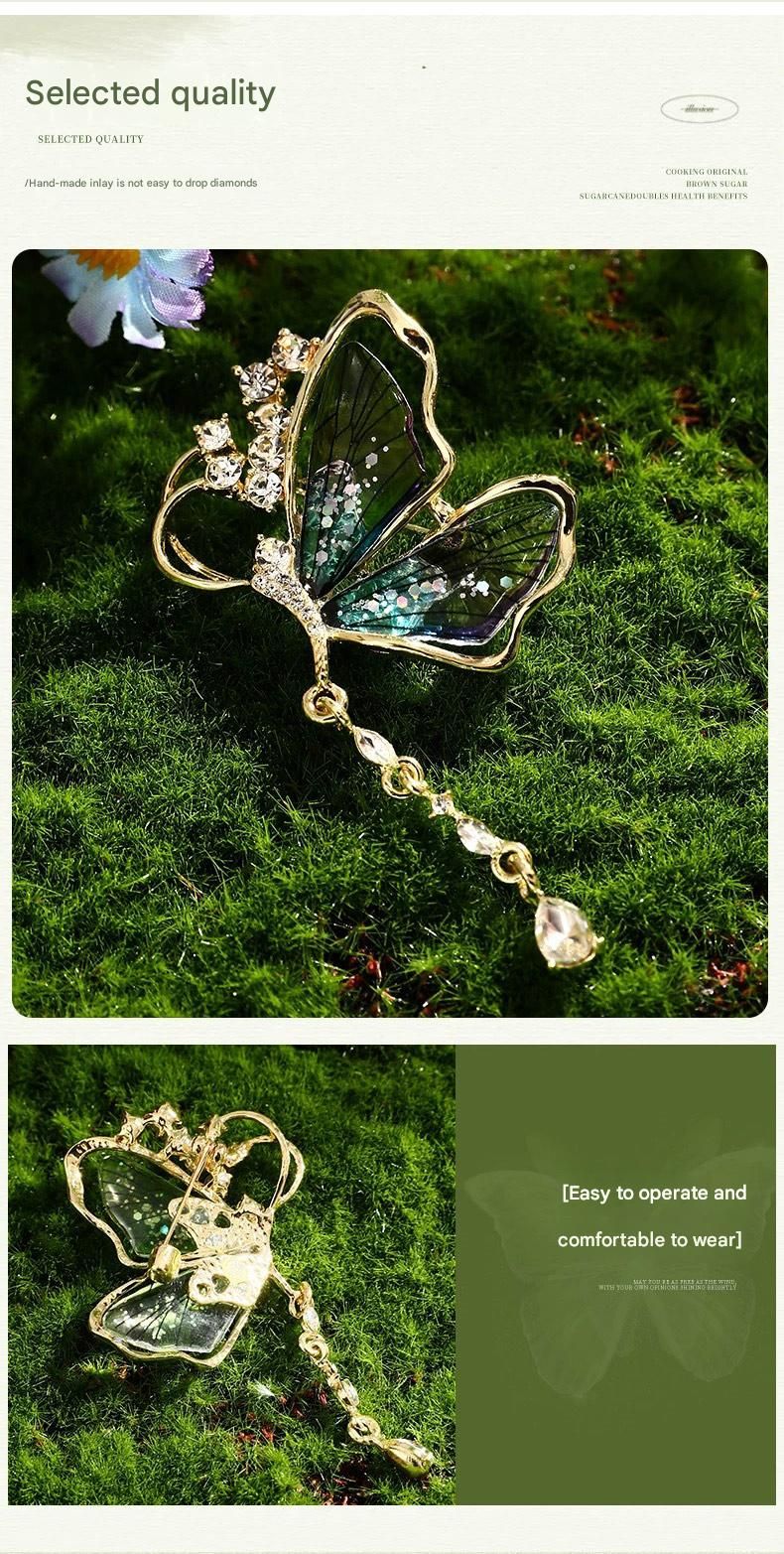 Purple Butterfly Brooch - Green Enamel Crystal Tassel Pin - Elegant Alloy view 8