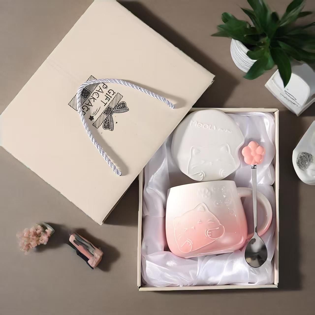 Pink Gradient Cat Ceramic Mug with Lid and Spoon - 400ml Porcelain Coffee Cup