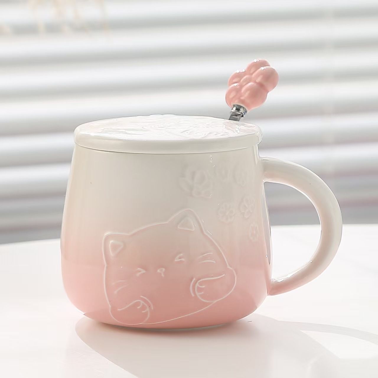 Pink Gradient Cat Ceramic Mug with Lid and Spoon - 400ml Porcelain Coffee Cup view 4