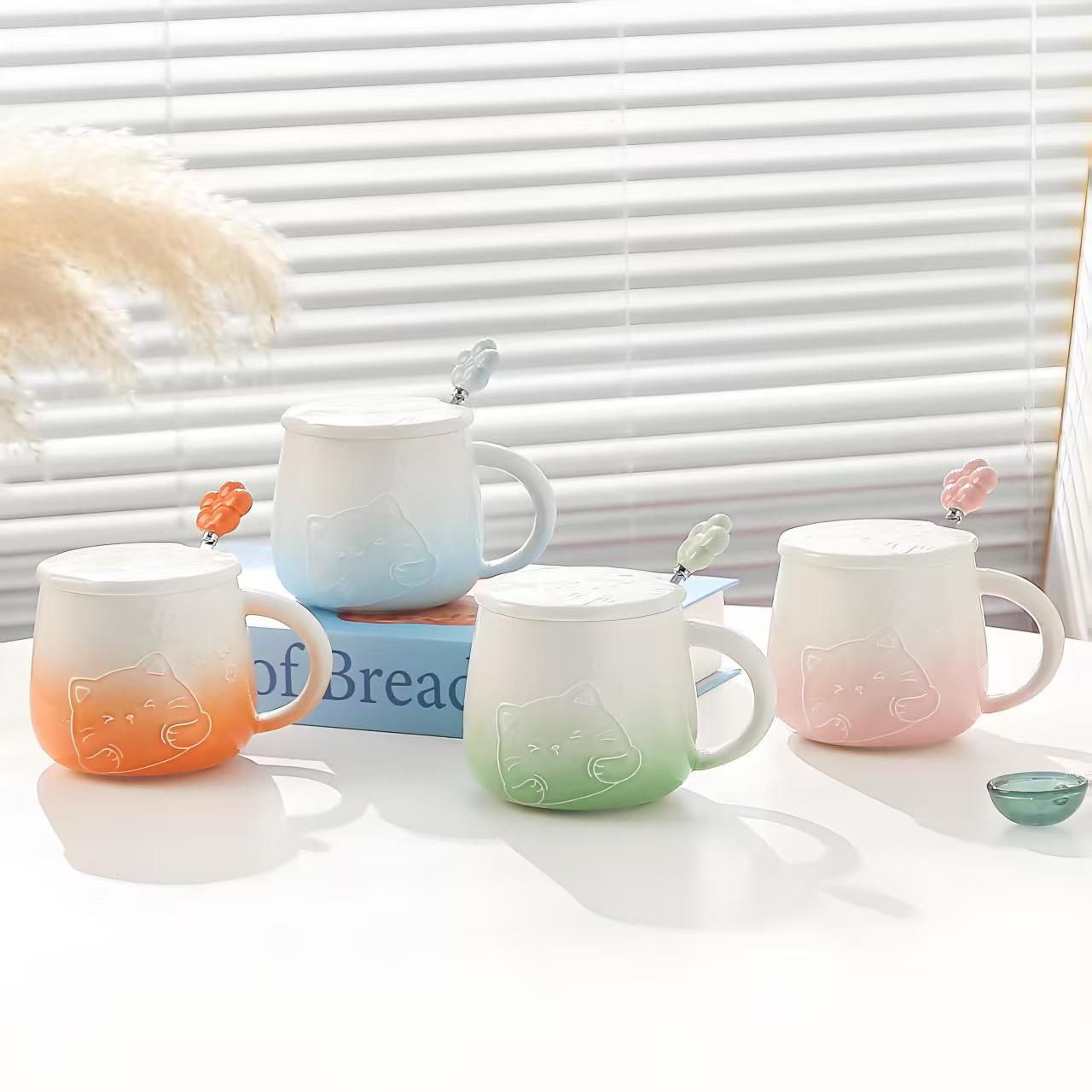 Pink Gradient Cat Ceramic Mug with Lid and Spoon - 400ml Porcelain Coffee Cup view 5