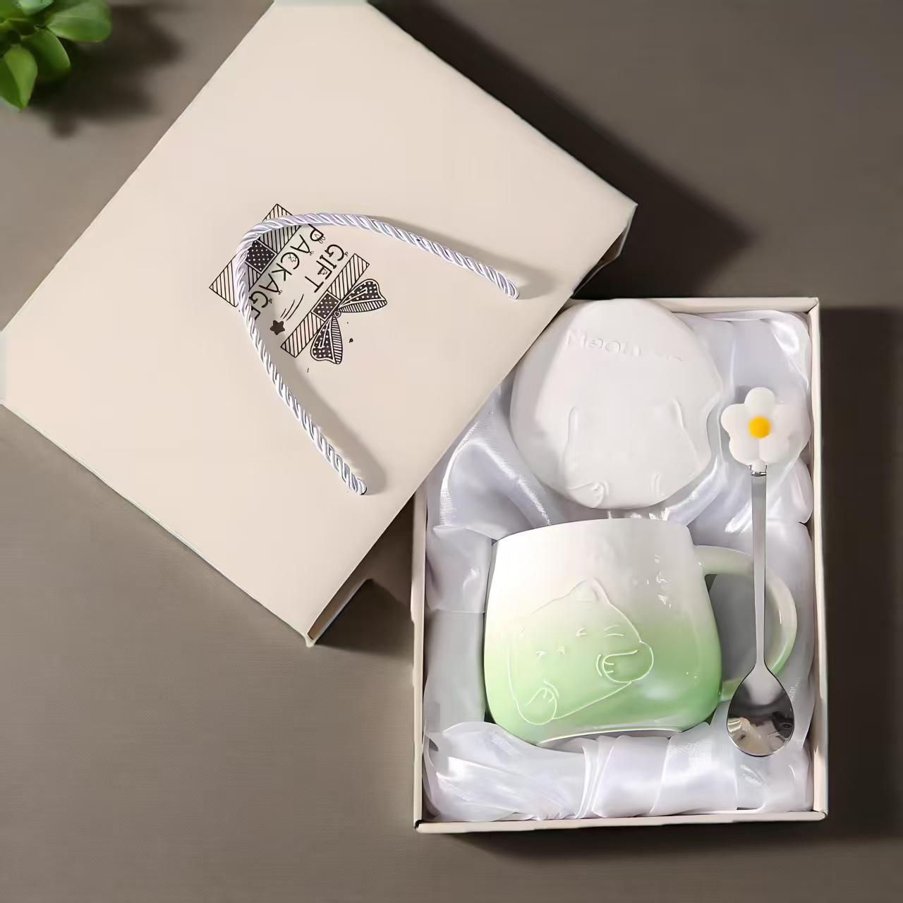 Green Gradient Cat Ceramic Mug with Lid and Spoon - 400ml Porcelain Coffee Cup