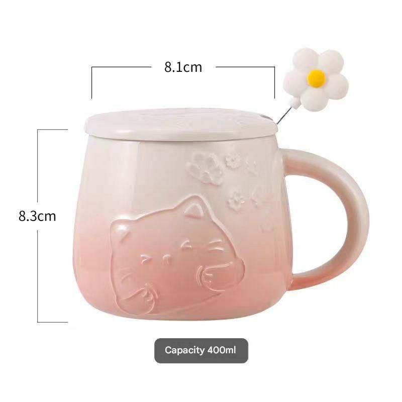 Green Gradient Cat Ceramic Mug with Lid and Spoon - 400ml Porcelain Coffee Cup view 6
