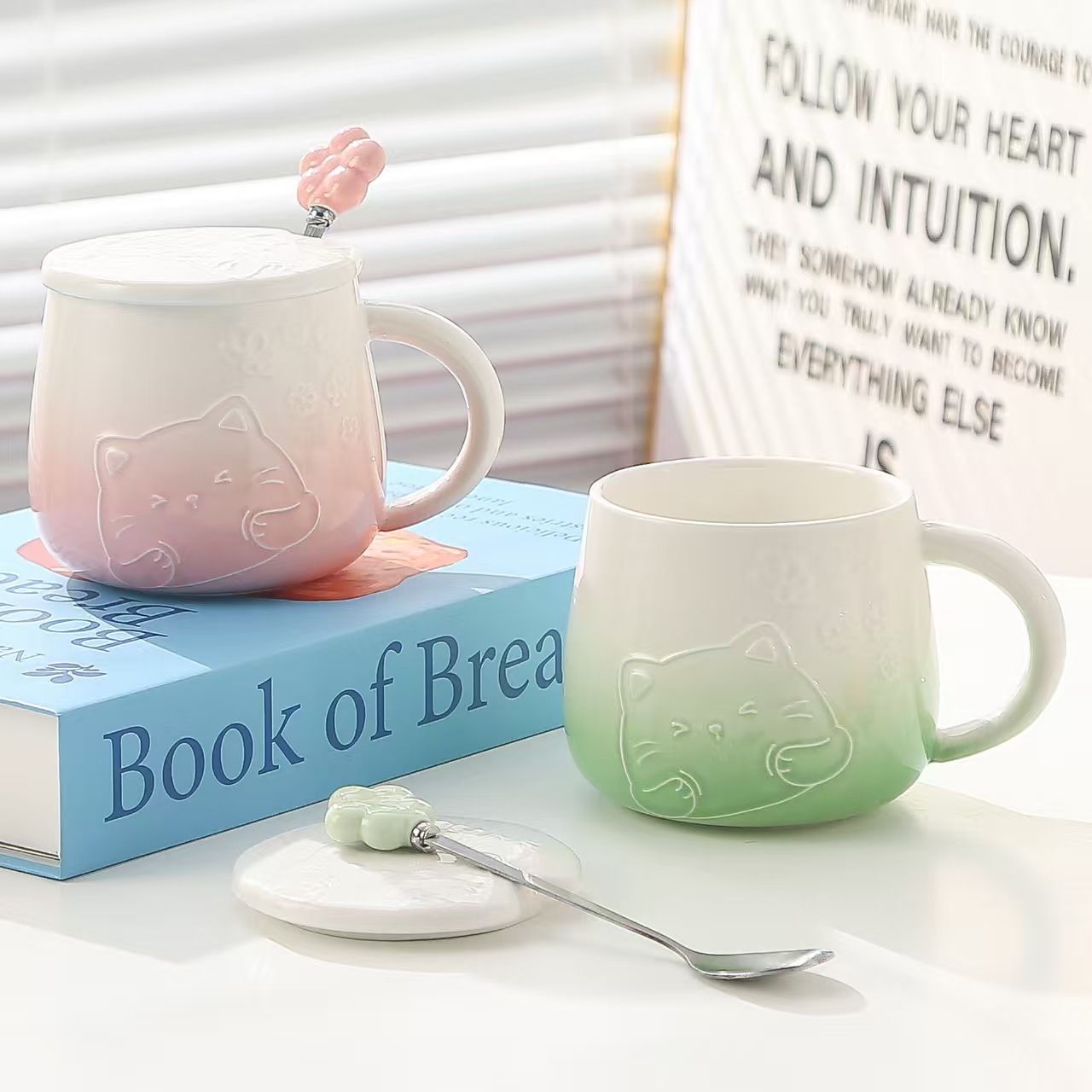 Yellow Gradient Cat Ceramic Mug with Lid and Spoon - 400ml Porcelain Coffee view 3