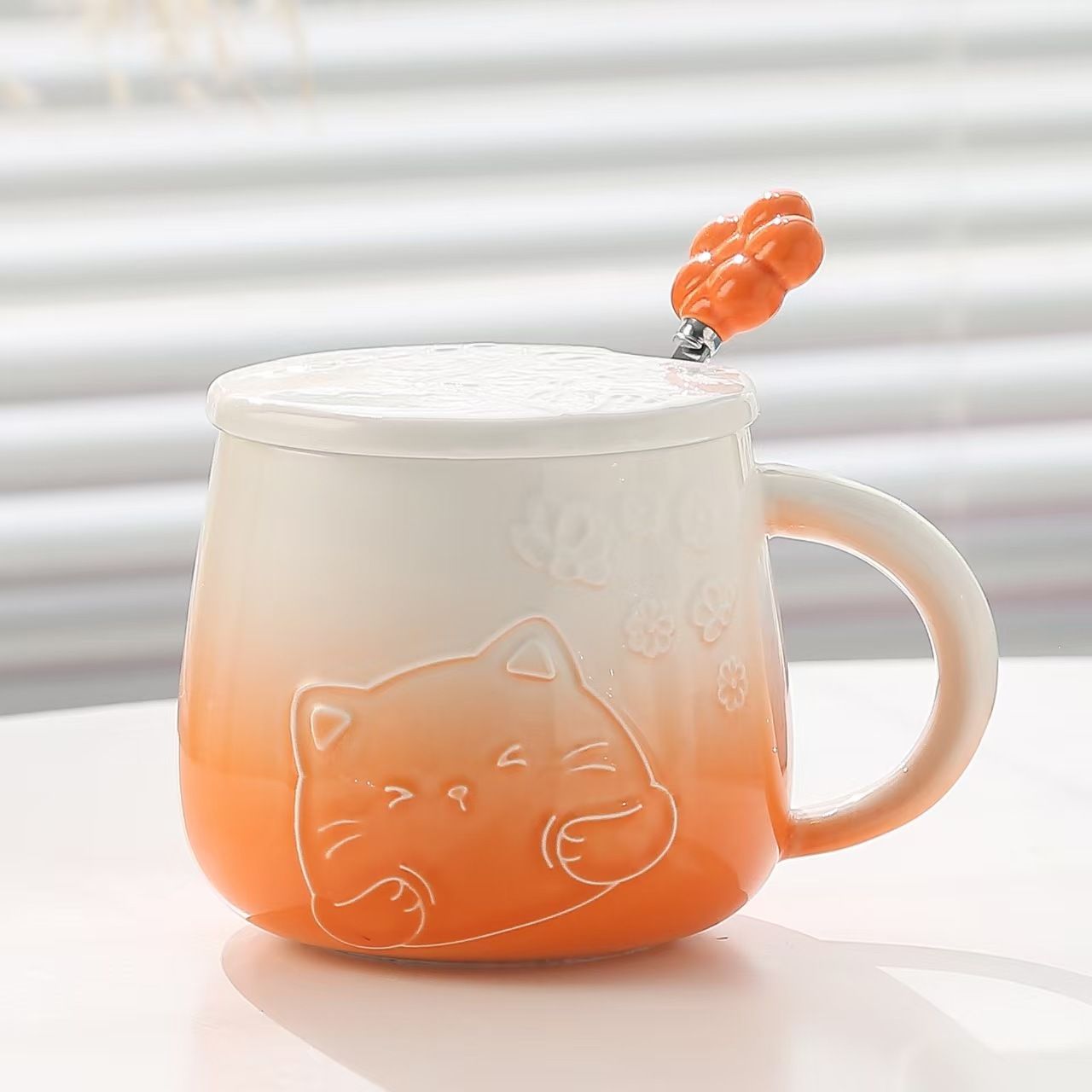 Yellow Gradient Cat Ceramic Mug with Lid and Spoon - 400ml Porcelain Coffee view 4