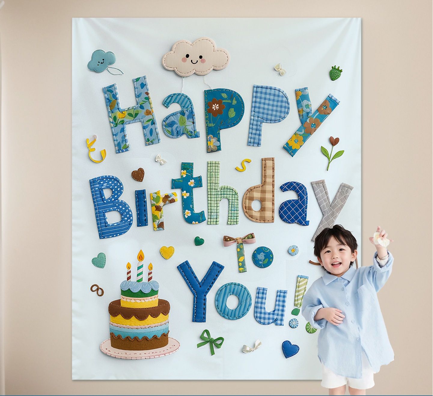 Blue Happy Birthday Backdrop Banner - Reusable Fabric Party Decoration with