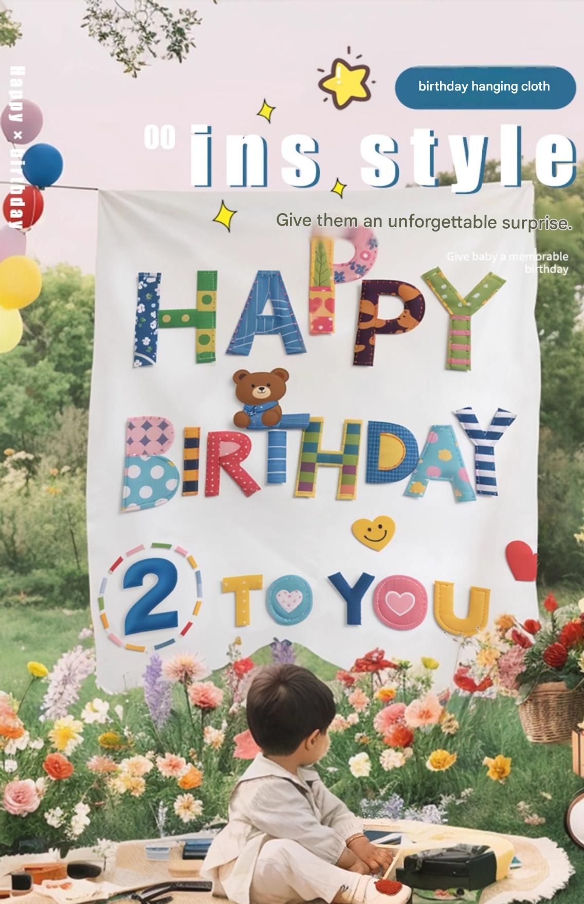Pink Happy Birthday Backdrop Banner - Reusable Fabric Party Decoration with view 2