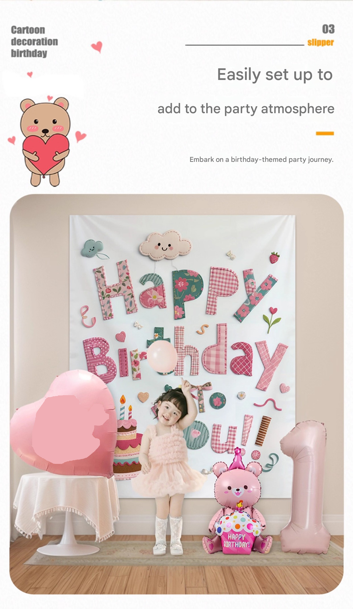 Pink Happy Birthday Backdrop Banner - Reusable Fabric Party Decoration with view 3
