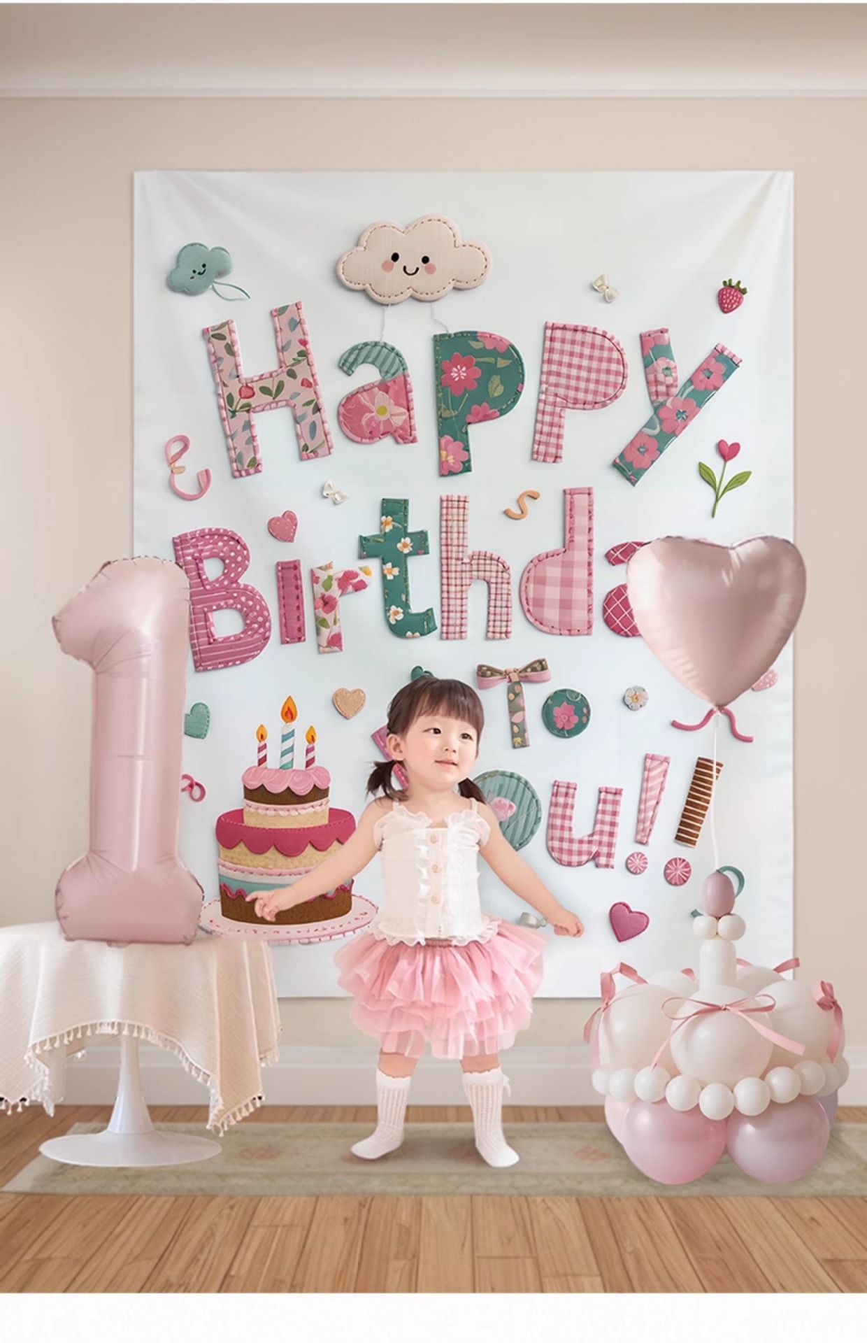 Pink Happy Birthday Backdrop Banner - Reusable Fabric Party Decoration with view 6