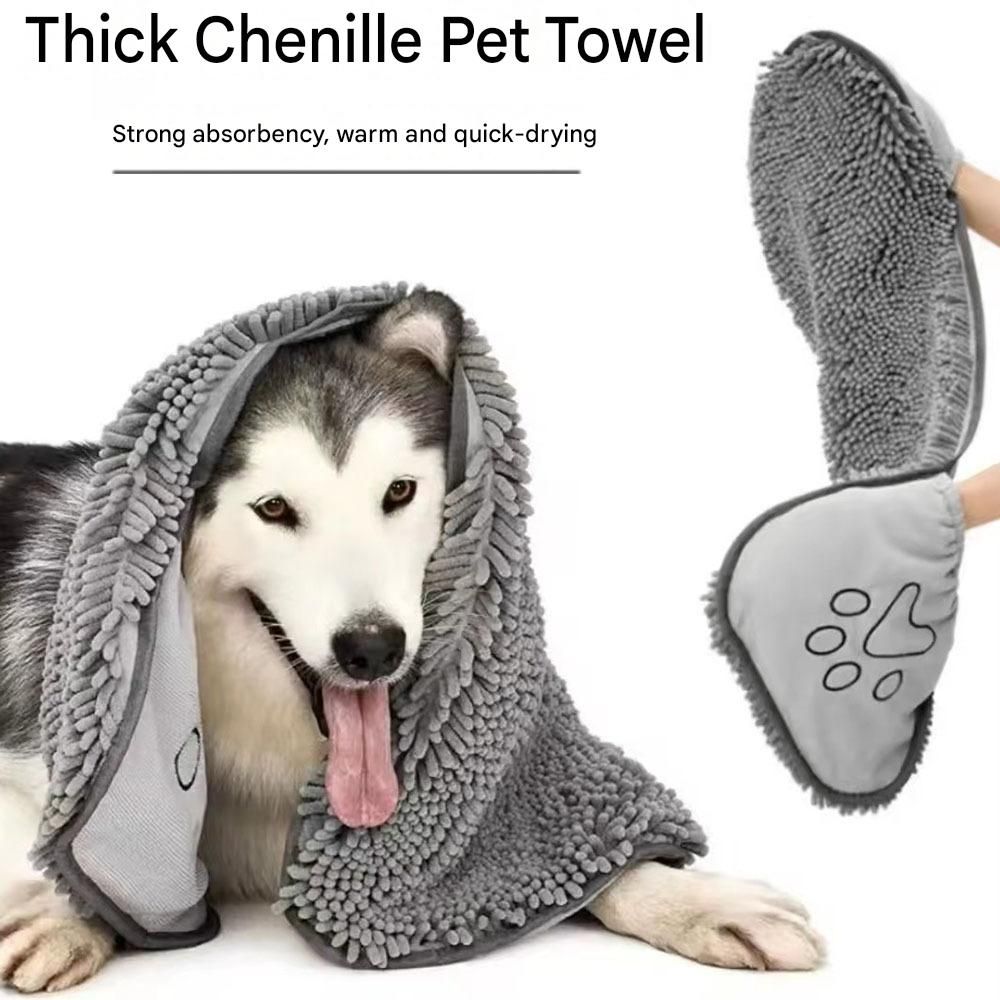 Blue Chenille Pet Drying Towel with Dual Hand Pockets - Ultra Absorbent view 2