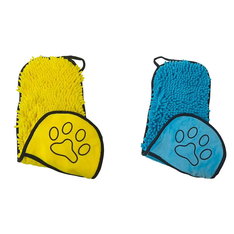 2-piece Yellow and Blue Chenille Pet Drying Towel with Dual Hand Pockets — image 1
