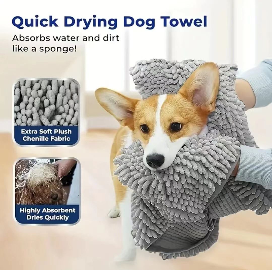 2-piece Yellow and Blue Chenille Pet Drying Towel with Dual Hand Pockets view 3