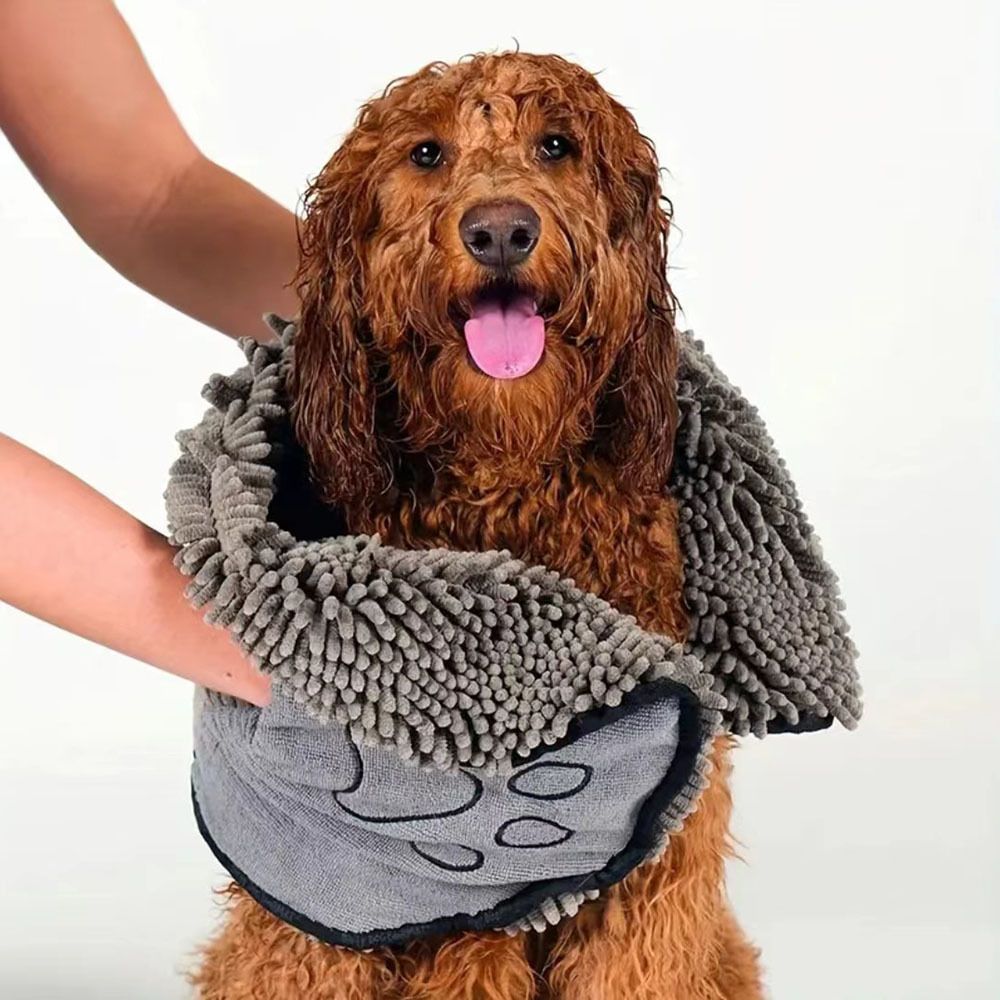 2-piece Yellow and Blue Chenille Pet Drying Towel with Dual Hand Pockets view 7