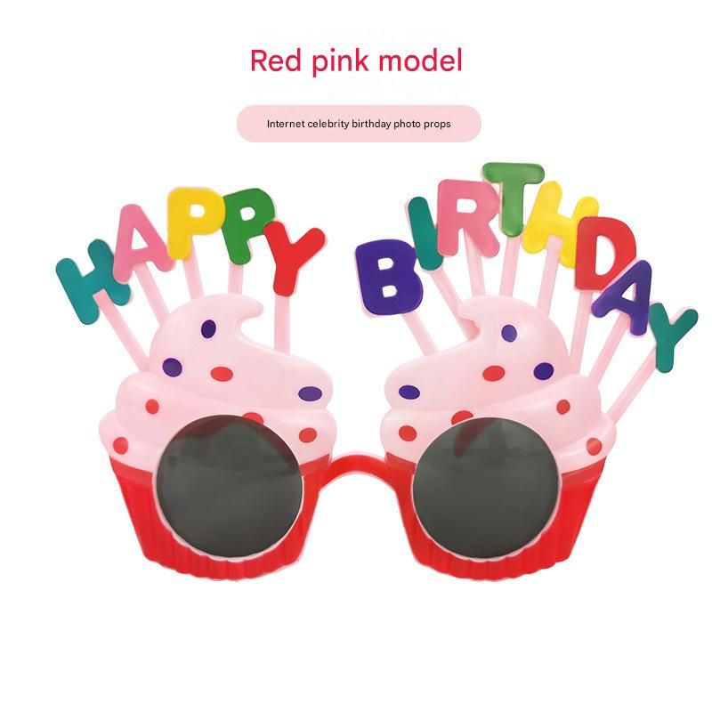 Red Pink Novelty Birthday Glasses - Fun Cake Design Party Props - Durable Plastic