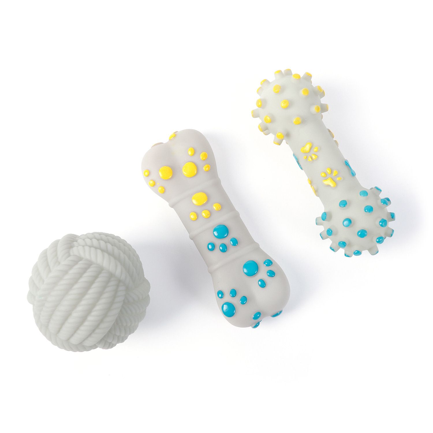 3-piece Yellow and Blue Squeaky Bone Spiked ring barbell White Rope Ball