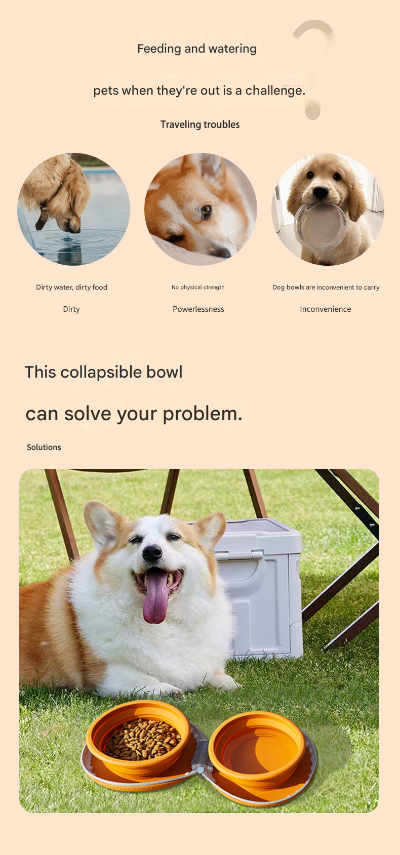 Brown Portable Collapsible Silicone Pet Bowl - Food Grade Silicone - Dual Bowl view 3