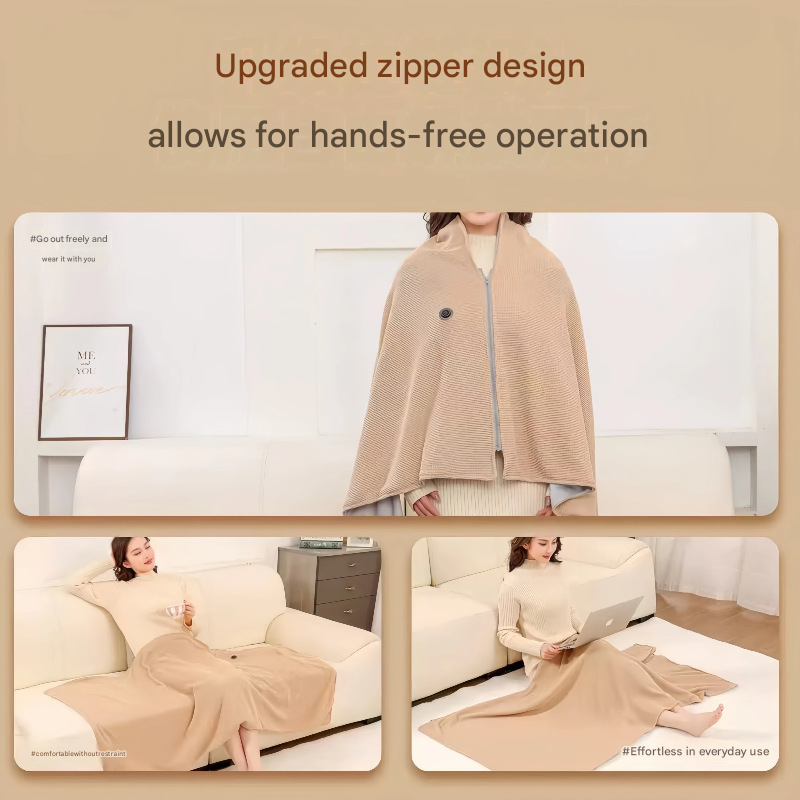 Apricot color USB Heated Blanket Poncho - Rechargeable Electric Warming Shawl view 4