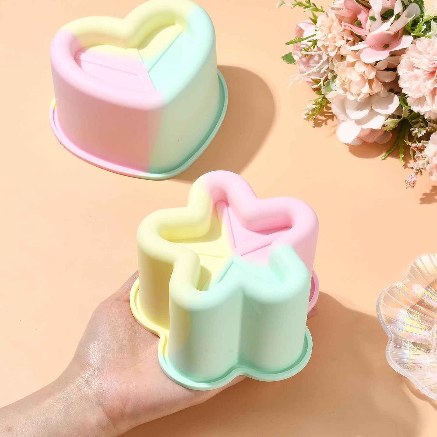 4 Piece Colorful Silicone Baking Mould Set - Heart Star Square Round Shapes view 2