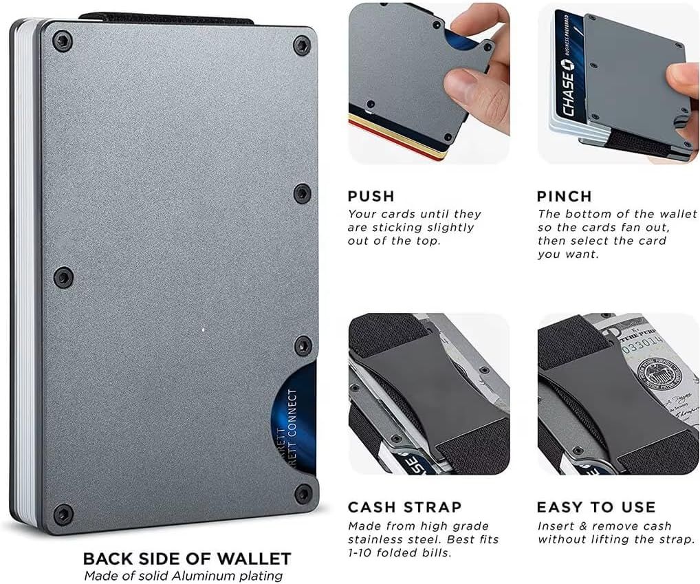 Black Slim RFID Blocking Aluminum Card Holder - Metal Wallet with Cash Strap view 3