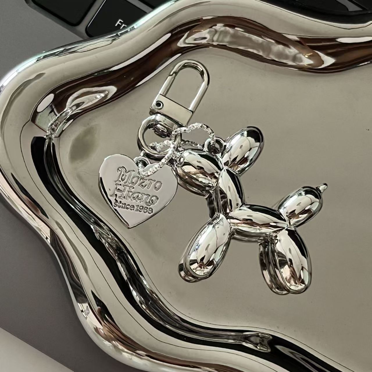 2-Piece Silver Balloon Dog Keychain Set with Heart Charm Bag Pendant Cute