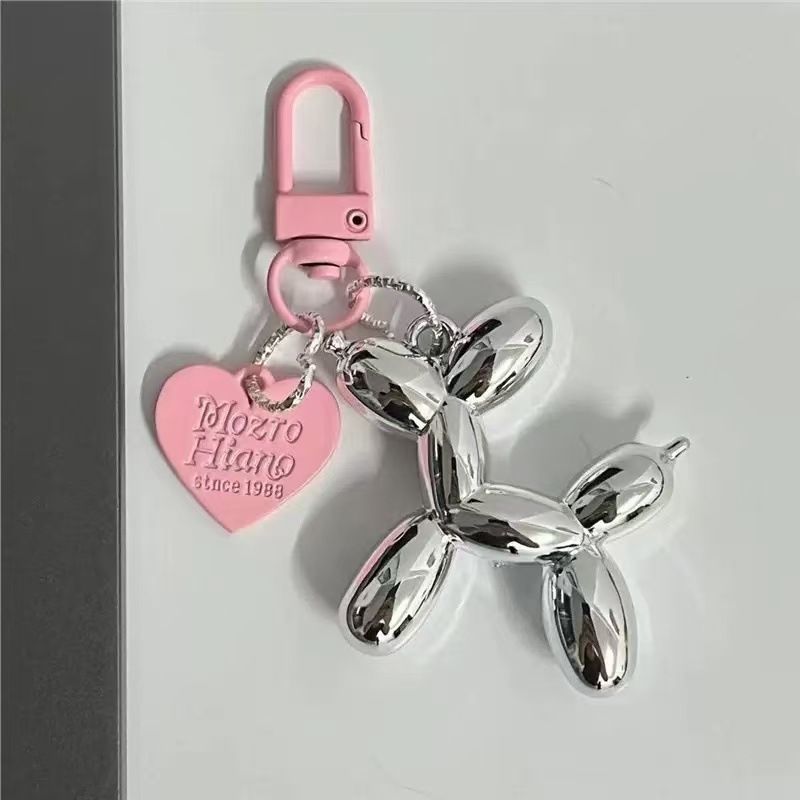 2-Piece Silver Balloon Dog Keychain Set with Heart Charm Bag Pendant Cute