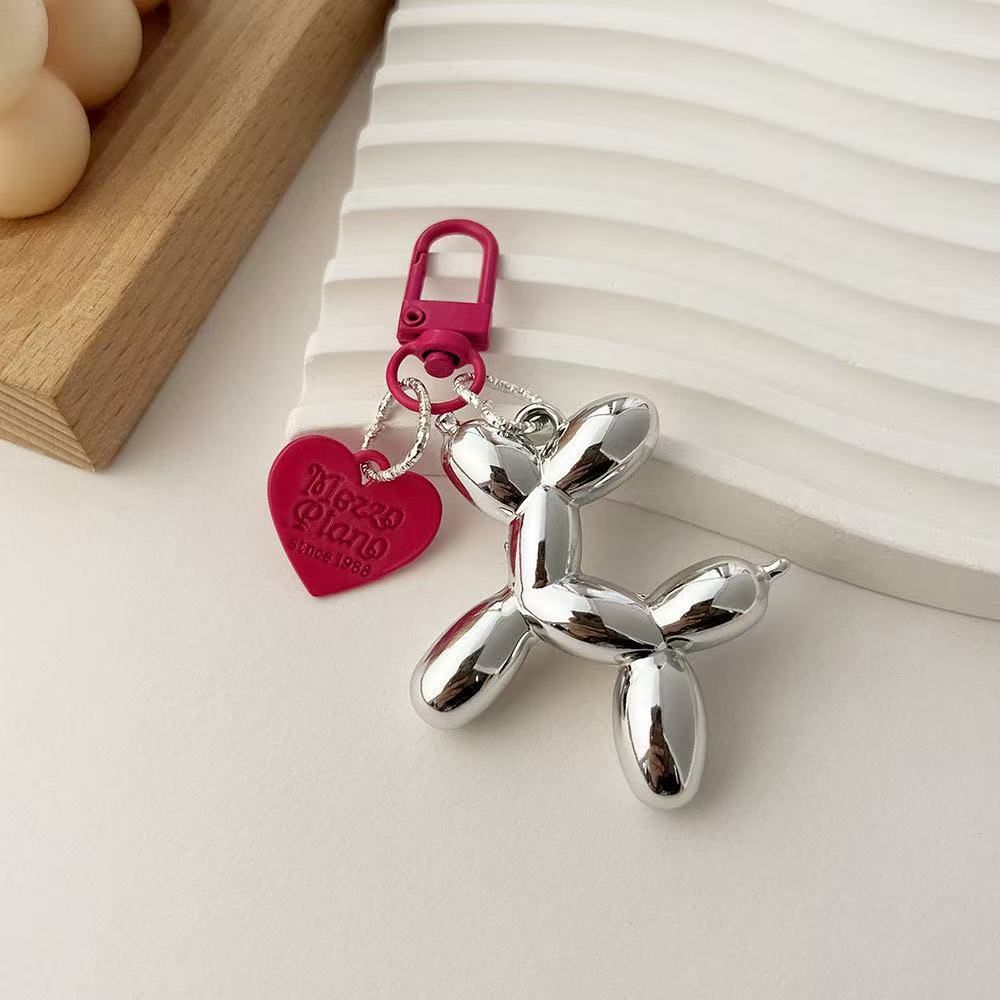 2-Piece Silver Balloon Dog Keychain Set with Heart Charm Bag Pendant Cute