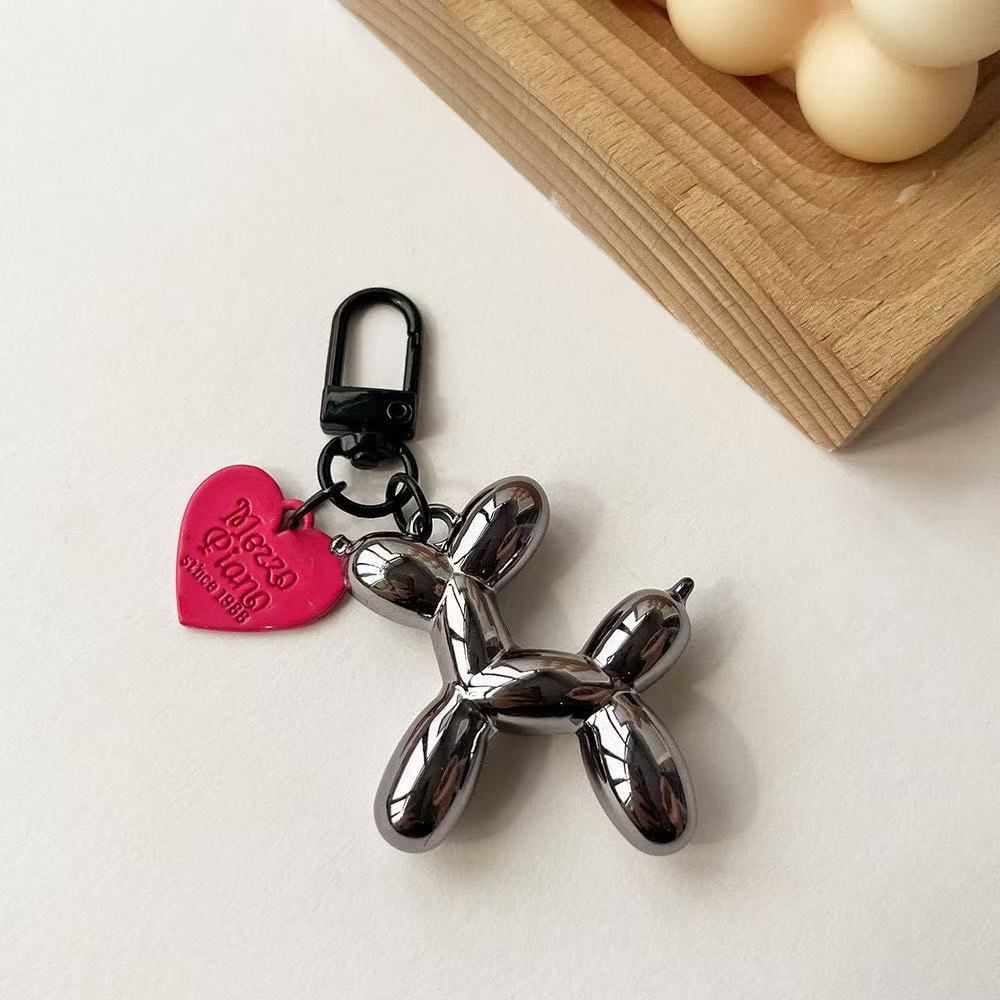 2-Piece Gun black Balloon Dog Keychain Set with Heart Charm Bag Pendant Cute